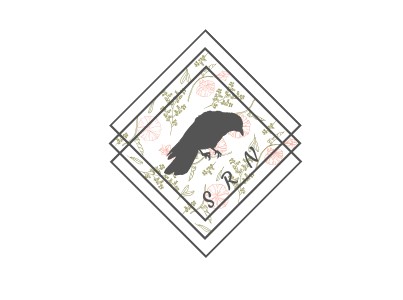 The first Writer Shayanne logo. It consists of three intersecting diamonds. The diamond in the middle has a floral pattern of green leaves and pink flowers. In the centre of everything is the shadow of a bird, possibly a raven. Along the inner corner of the diamond are my initials: S R N.